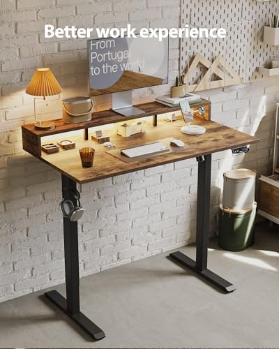 Agilestic 48*24 Inch Electric Standing Desk with Shelf & Led, Rustic Brown