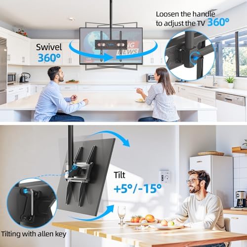 USX STAR Ceiling TV Mount for 26-65 inch TVs, 360° Swivel Full Motion Ceiling Mount TV Bracket, Height Adjustable, Tilt TVs Ceilings Mounts, Supports up to 110 Lbs, Max VESA 400x400mm
