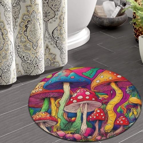Large Round Area Rug Home Decor Modern Bathroom Rug Kitchen Office Circle Rug for Living Room Sofa Circle Cute Mat Colorful Mushrooms Art, 24inch