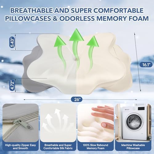 Cervical Pillow for Neck Pain Relief, Ergonomic Memory Foam Pillows for Neck Pain Relief with Ice Silk Pillowcase，Adjustable Contour Neck Support Pillow for Side Back Stomach Sleepers (White)