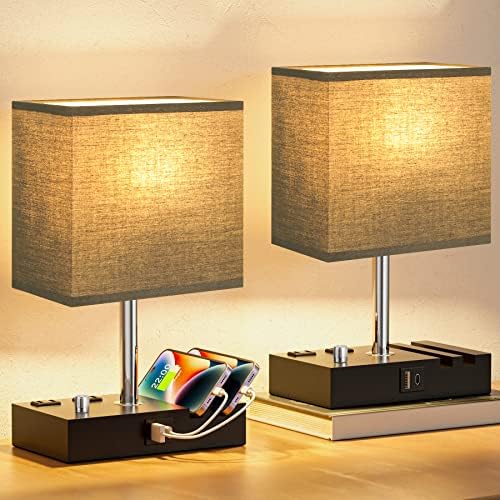 Black Bedside Table Lamps Set of 2 - Dimmable, USB C+A, 2 AC Outlets