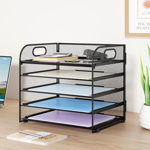 Paper Organizer Letter Tray with Handle Mesh 5 Trays-Black 2 Pack