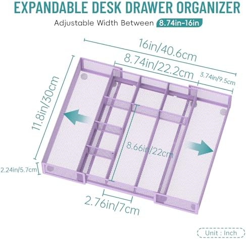 Expandable Desk Drawer Organizer, 10 Adjustable Compartment, Purple