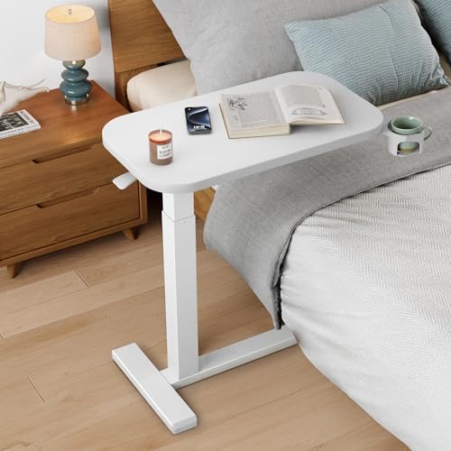 HUANUO 28Inch Bedside Table with Wheels, Height-Adjustable Rolling Computer Cart, Overbed Table with Cup Holder, Pneumatic Laptop Standing Desk for Home Office, White