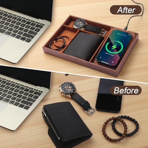 Valet Tray with Wireless Charging, All in one Nightstand Organizer for Men