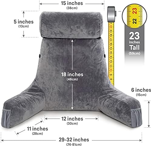 Husband Pillow Medium Reading Pillow with Arms - 23" Backrest for Sitting Up in Bed - Firm Support Bed Rest Pillow for Adults, Neck Roll, Removable Cover - TV, Reading, Lounging - Dark Grey