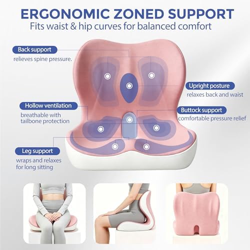 Seat Cushion for Office Chair and Car, Ergonomic Memory Foam Seat Cushion with Lumbar Support Pillow, Orthopedic Cushion for Sciatica & Back Pain, Pink & Light Gray