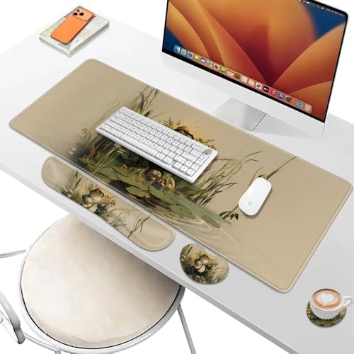 Desk Pad and Keyboard Wrist Rest, Large Mouse Pad + Keyboard Pad+Mouse Wrist Support, Non-Slip Desk Mat Protector for Office, Home 31.5×11.8 Inches Anime Frog