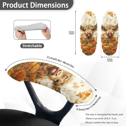 Highland Cow Floral Printed 2 Pcs Office Chair Arm Rest Covers, Removable Computer Chair Armrest Covers with Elastic Edge for Home Decor, Soft Stretch Office Chair Cover