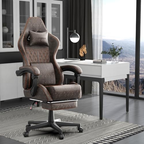 Ferghana Vintage PU Leather Gaming Chair, Ergonomic Reclining Racing Gamer Chair with Massage Lumbar Support, High Back Computer Office Chair with Footrest for Adults, Brown