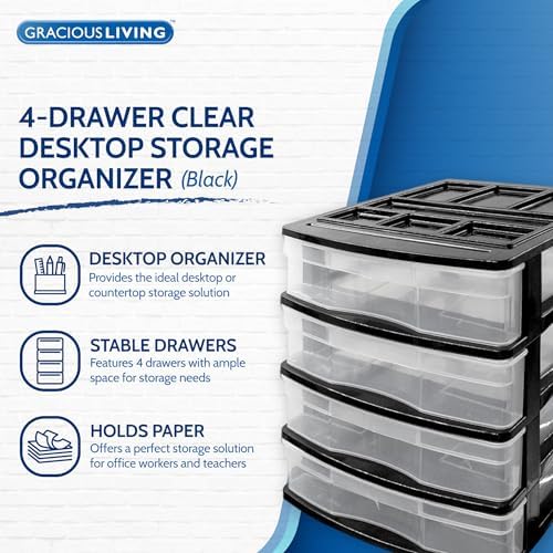 Gracious Living 4-Drawer Desktop/Countertop Storage Organizer, Black/Clear