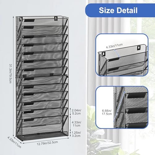 EasyPAG Wall File Holder 14 Tier Mesh Hanging Folder Organizer with Flat Tray Wall Mounted Mail Organizer Magazine Paper Desk Shelf with Nametag Label for Office Home School, Black