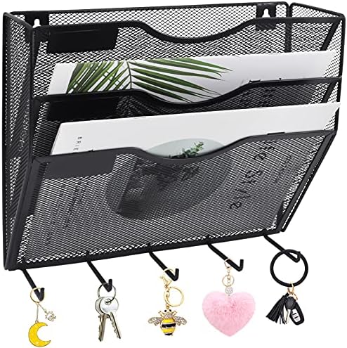 EASEPRES 3 Pocket Mesh Hanging File Organizer with Key Holder Hooks & Nametag Label, Wall Mounted Mail Paper Document Folder Clipboard Storage Organization Magazine Rack for Office Cubicle, Black