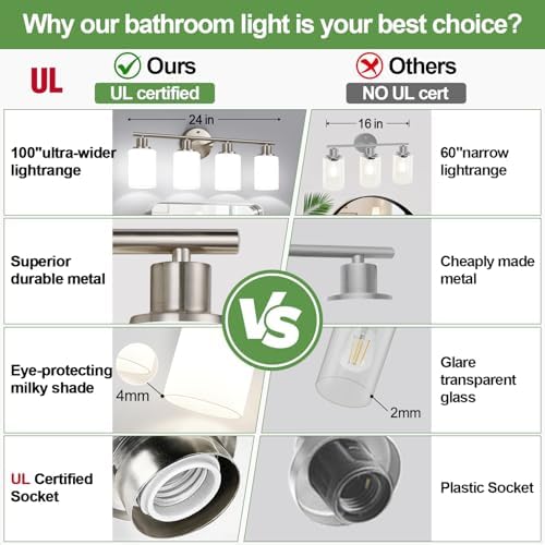 Zarbitta 4-Light Bathroom Light Fixtures, Brushed Nickel Modern Vanity Lights with Milky White Frosted Glass Shades, Bathroom Wall Lamp for Mirror Kitchen Living Room