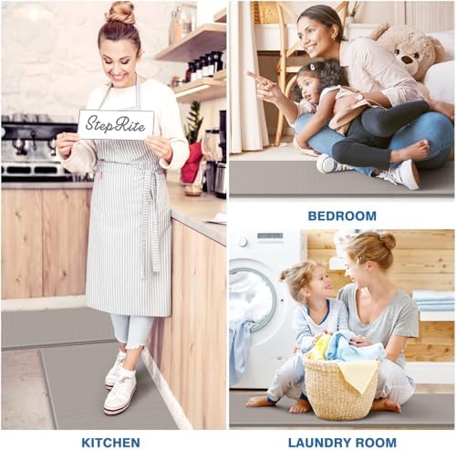 StepRite Kitchen Mats, 2PCS Kitchen Rugs, Cushioned Anti Fatigue Kitchen Mats for Floor, Non-Slip Standing Desk Mat, Waterproof Kitchen Rug Set for Kitchen, Floor, Office, 17.3"x30"+17.3"x70", Khaki