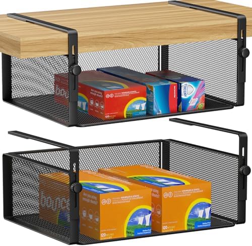 AmonHouseware 2Pack Under Shelf Basket,Adjustable Hanging Holder,Black