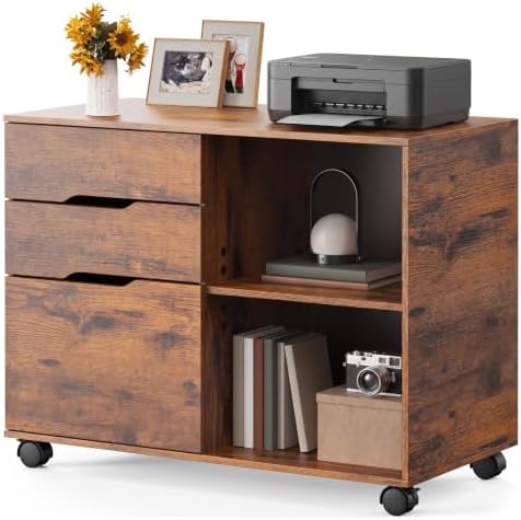 OLIXIS 3 Drawer Lateral File Cabinet, Rolling Printer Stand with Storage