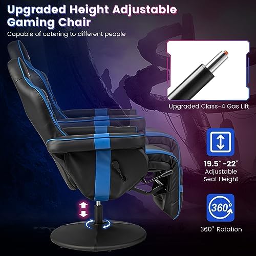Goplus Gaming Chair, Height Adjustable Massage Video Game Chair with Retractable Footrest, Cup Holder, Headrest, Swivel Office Chair, Racing Style Swivel Gamer Chair (Blue)