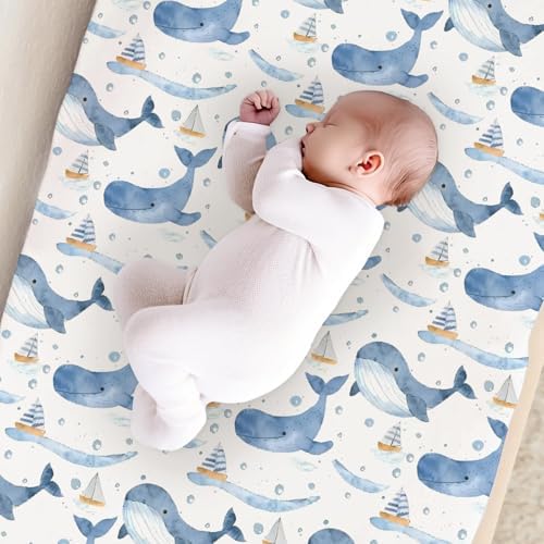 Watercolor Sea Animals Boats Pattern Baby Changing Pad Cover, Unisex Ocean Whale Nursery Diaper Changing Table Pad Mat Sheet for Boys Girls-16x32