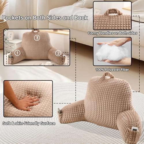 Reading Pillow with Arms for Sitting in Bed,Backrest,Khaki Flannel,M