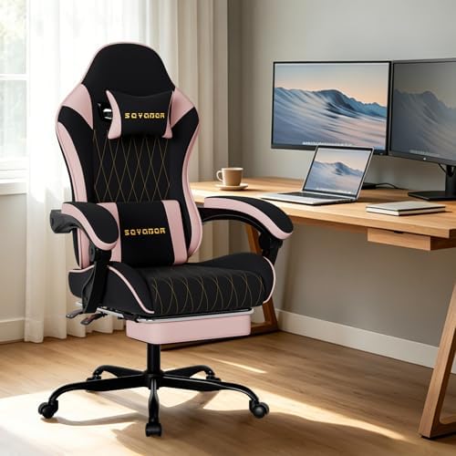 Breathable Fabric Gaming Chair with Footrest, Ergonomic High Back Computer Chair with Gold Diamond Stitching, Height Adjustable Swivel Office Chair with Lumbar Support for Adults,Blackpink