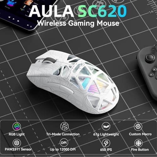 Aula SC620 Wireless Gaming Mouse, Tri-Mode 2.4GHz/USB-C/BT5.3 Computer Mouse with 12000 DPI, Programmable Macro Gamer Mouse with Rapid Fire Key, RGB Light Gaming Mice for PC/Laptop/Mac (Line White)
