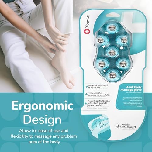 BioSwiss Massage Glove with Steel Roller Balls, Handheld Full Body Massager for Back, Neck, Shoulders, and Legs