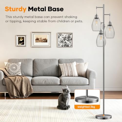 Nintiue Dimmable Floor Lamp, 3 x 800LM LED Edison Bulbs Included, Industrial Floor Lamp Standing Tree Lamp with Elegant Teardrop Cage Heads Tall Lamps for Living Room Bedroom-Brushed Nickel