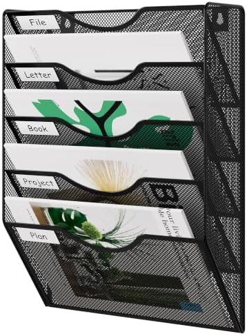 EasyPAG Wall File Organizer 5 Tier Hanging Paper Folder Holder, Zero Assembly Metal Mesh Wall Mounted Mail Organizer for Office Home Classroom Narrow Spaces, Black