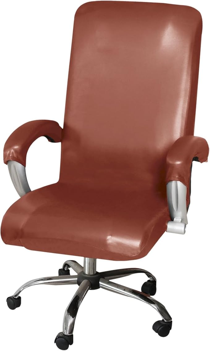 ITFRO Waterproof Office Chair Cover with Armrest Covers Camel PU Leather Computer Desk Chair Cover with Zipper Universal Rotating Gaming Chair Slipcover High Back Chair Seat Protector (Camel)
