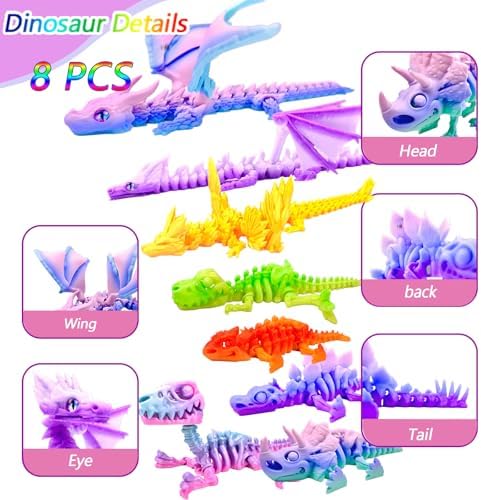 8pcs 3D Printed Rainbow Dinosaur Crystal Dragon,T-Rex Fidget Toys,Flying Dragon，Pterosaur，Toys,Desk Executive Toy，Easter,Toys for Boys Kids Teen 5-7 4-6 8-12