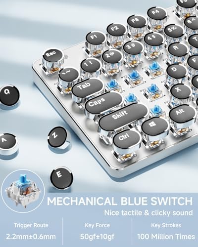 Wireless Typewriter Style Mechanical Keyboard with White Backlit, Full Size