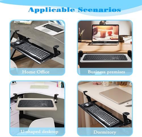 Sliding Keyboard Tray Under Desk Slide, 45°Swivel Keyboard Tray Keyboard Holder for Desk Pull Out Keyboard Drawer Under Desk Keyboard Tray Slide Out Clamp on Desk Shelf (Modern)