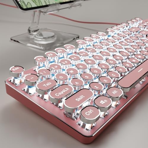 Wired Typewriter Style Mechanical Keyboard with White Backlit, Cute-Pink