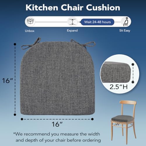 Chair Cushions for Dining Chairs, Non Slip Chair Pads with Ties and Washable Covers, Memory Foam Kitchen Chair Cushions Set of 8, 16"X16"X2.5", Dark Gray