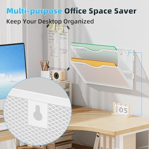 Marbrasse Wall File Holder 2-Tier Hanging Wall File Organizer, Mesh Mail Holder for Papers, Wall Mount File Clipboard & Magazine Organizer Great for Office Home (White)
