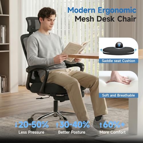 Ergonomic Office Chair with Footrest, 90-145° Reclining Mesh Desk Chair