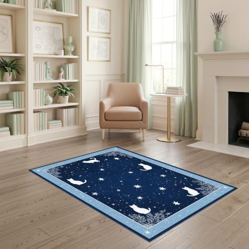 4'x6' Midnight Blue Cat Starry Design Washable Area Rug