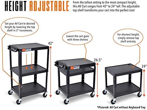 Line Leader Extra Wide Rolling AV Cart - Adjustable Shelf Height Computer Stand Workstation, Includes Pullout Keyboard Tray, Lockable Wheels, Power Cord Management (Black, 42in x 32in x 20in)