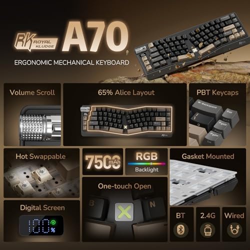 RK ROYAL KLUDGE A70 Wireless Ergonomic Keyboard, Alice Split Mechanical Keyboard w/Bluetooth/2.4GHz/Wired, 65% RGB Gaming Keyboards with Knob and PBT Keycap, Gasket Hot Swappable Linear Cream Switches