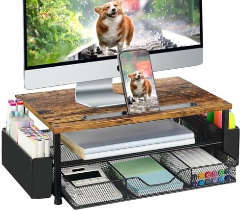 AUPSEN Wood Desk Organizers and Accessories, 2-Tier Computer Monitor Stand Riser with Drawer, Pen Storage & Phone Holder, Office Desk Accessories, Workspace Desktop Organization for Office Supplies（Brown）