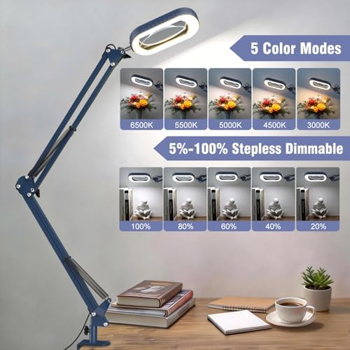 16" Extra Long Magnifying Glass with Light and Clamp, Real Glass, 5 Color Modes, Stepless Dimmable, Lighted Magnifier with Stand Hands Free, LED Swing Arm Desk Lamp for Close Work, Craft, Blue