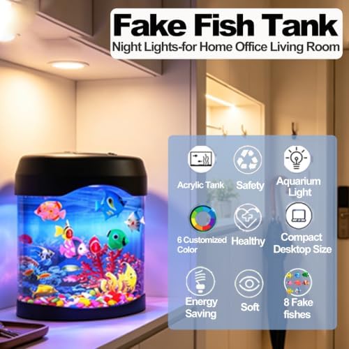 Fake Fish Tank Night Light, 6 Color Changing Aquarium Lamp with 8 Fake Fish