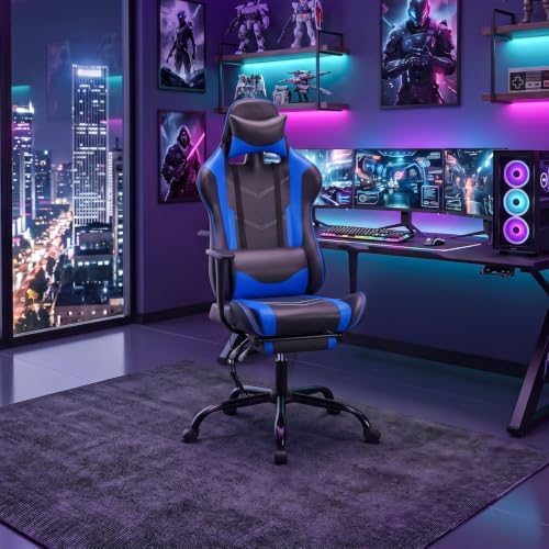 BestOffice Massage Gaming Chair with Footrest, Office Desk Chair, Blue