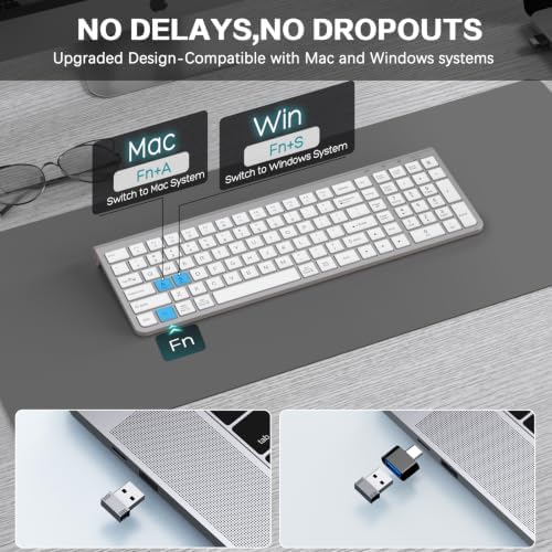 JOYACCESS Wireless Keyboard, Ergonomic,Dustproof,2.4G Slim and Compact Quiet Wireless Keyboard with Number Keypad for Windows, MacBook Pro/Air, Laptop, Desktop, PC-Sliver&White