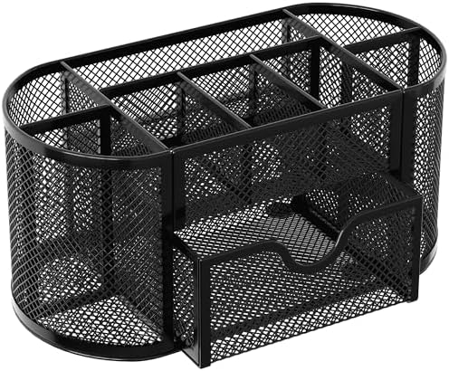 EasyPAG Mesh Pen Holder Desk Organizer with Drawer Stationery Supplies Organizer for Dorm School 9 Compartments Workspace Desk Accessories Organization for Office, Black
