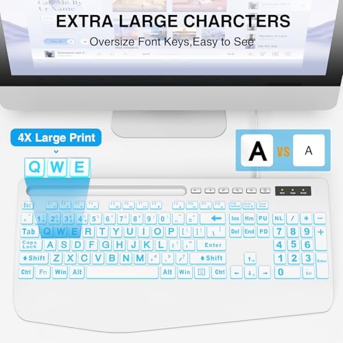 SABLUTE Wired Large Print Backlit Computer Keyboard with Wrist Rest (White)