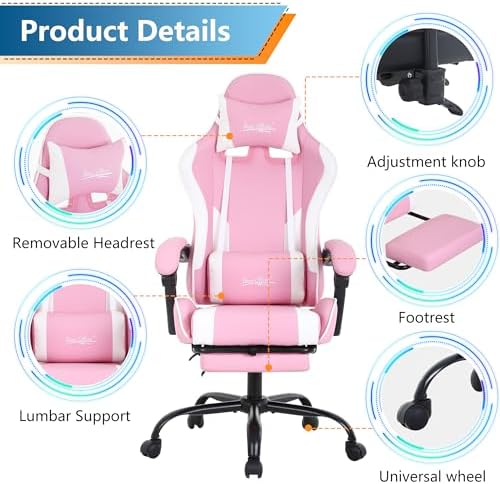 PayLessHere Ergonomic Racing Desk Chair Computer Chair Gaming Chair with Footrest Lumbar Support Headrest Armrest Task Rolling Swivel Ergonomic E-Sports Adjustable PC Gamer Chair (Pink)