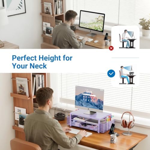OPNICE Desk Organizers and Accessories, Computer Monitor Stand Riser with Drawer and 2 Pen Holders, Printer & Laptop Stand, Office Desk Accessories & Workspace Organizers for Home Office Supplies, Metal Purple