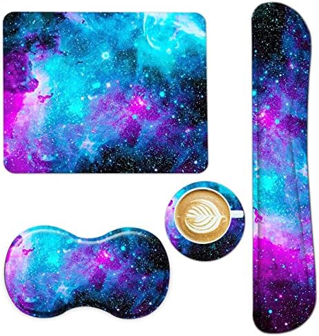 AIMSA Keyboard Wrist Rest Support + Mouse Pad + Mouse Wrist Rest + Coaster, Ergonomic Memory Foam Anti-Slip Rubber Base 4 PCS Set Easy Typing Pain Relief, Galaxy Nebula Universe